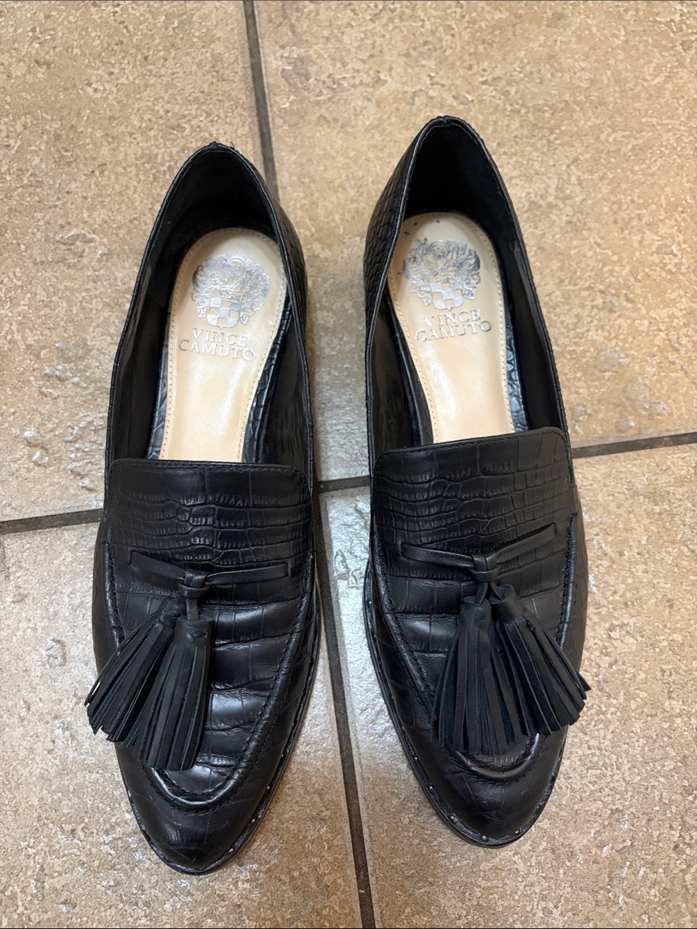 Vince Camuto Black Faux-Croc Tassel Loafers